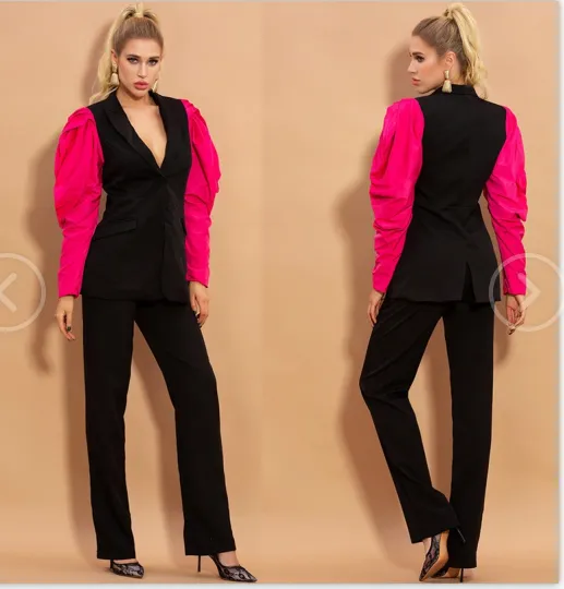 Patchwork Hit Color Women's Blazer Puff Sleeve Notched Female Blazers 2019 Autumn Plus Size Fashion New Clothing