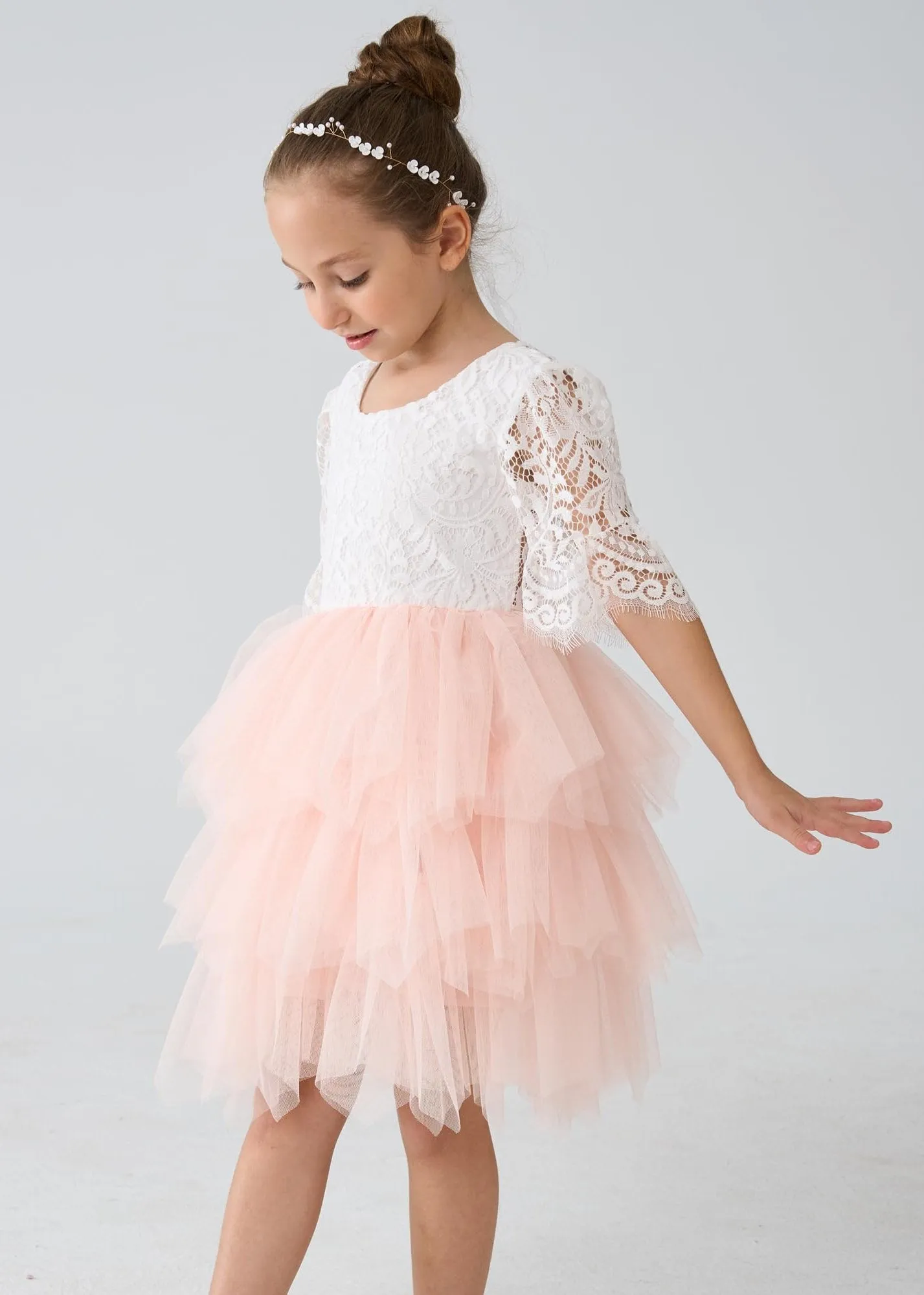Peony Lace Flower Girl Dress in Pink Bell (tiered)