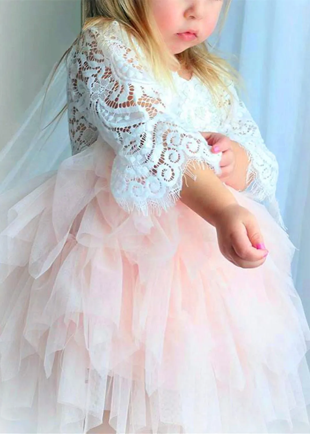 Peony Lace Flower Girl Dress in Pink Bell (tiered)