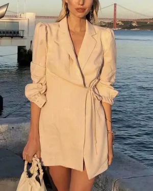 Pile Collar V-neck Lace-up Lantern Sleeve Blazers Mini Dresses