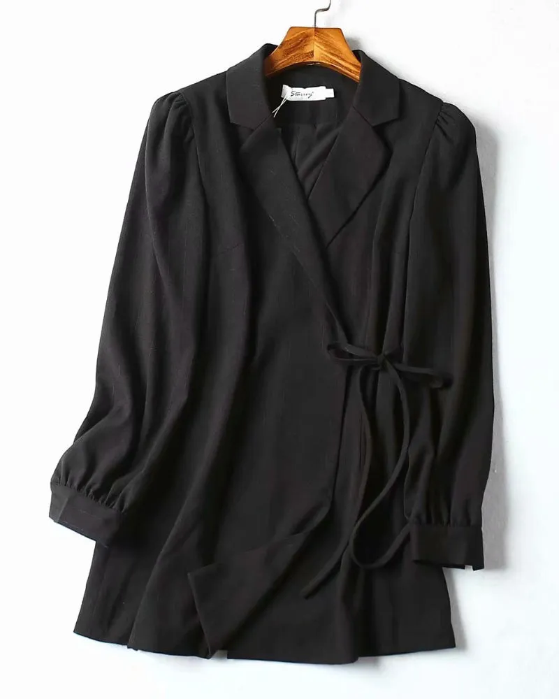 Pile Collar V-neck Lace-up Lantern Sleeve Blazers Mini Dresses