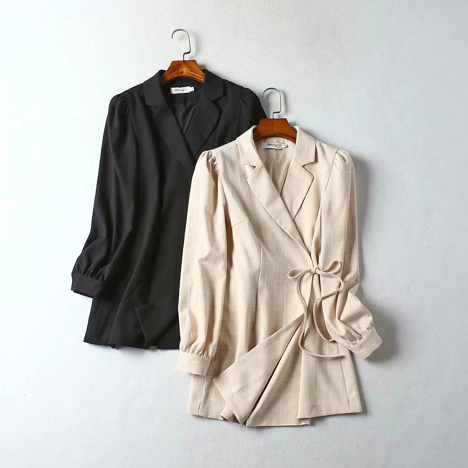 Pile Collar V-neck Lace-up Lantern Sleeve Blazers Mini Dresses
