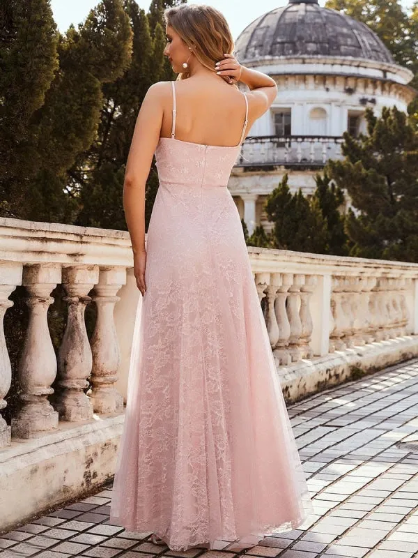 Pink Prom Dress A-Line V-Neck Lace Sleeveless Pearls Floor-Length Evening Dresses