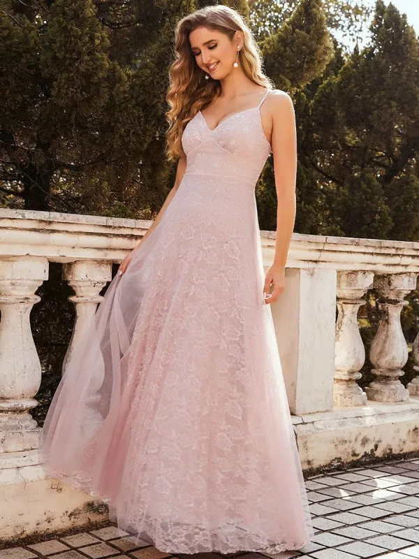 Pink Prom Dress A-Line V-Neck Lace Sleeveless Pearls Floor-Length Evening Dresses