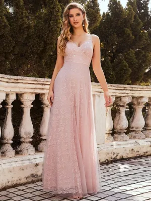 Pink Prom Dress A-Line V-Neck Lace Sleeveless Pearls Floor-Length Evening Dresses