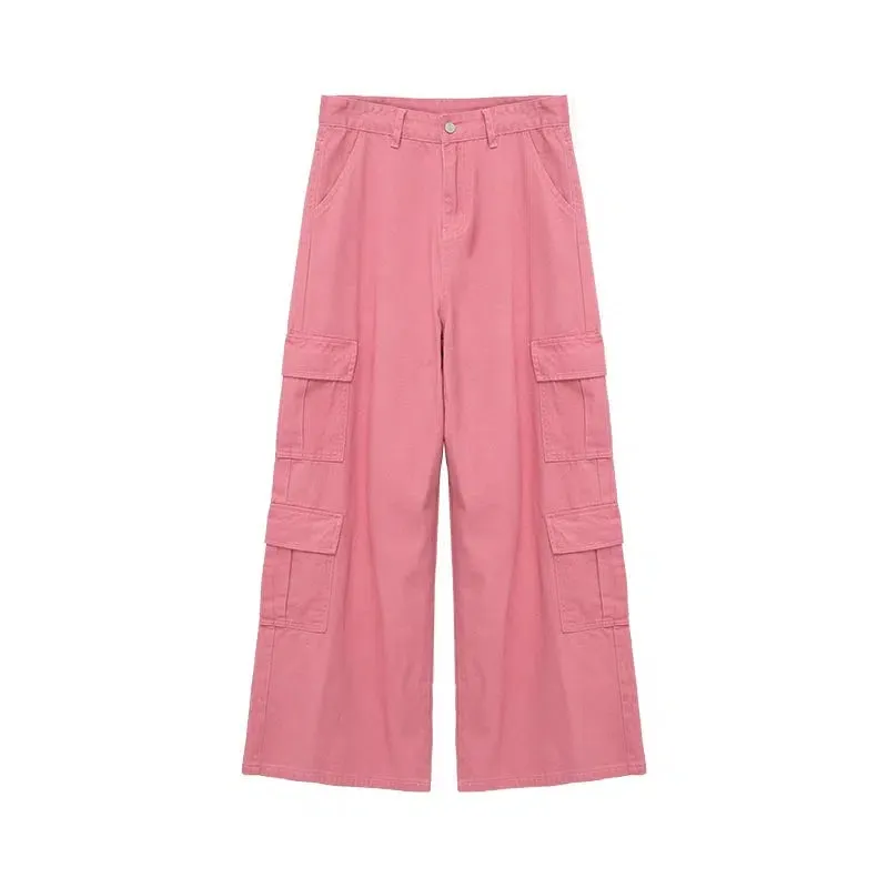 Pink Wide Leg Denim Cargo Pants