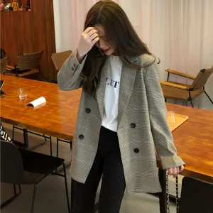 Plaid Double Breasted Notched Work Blazer