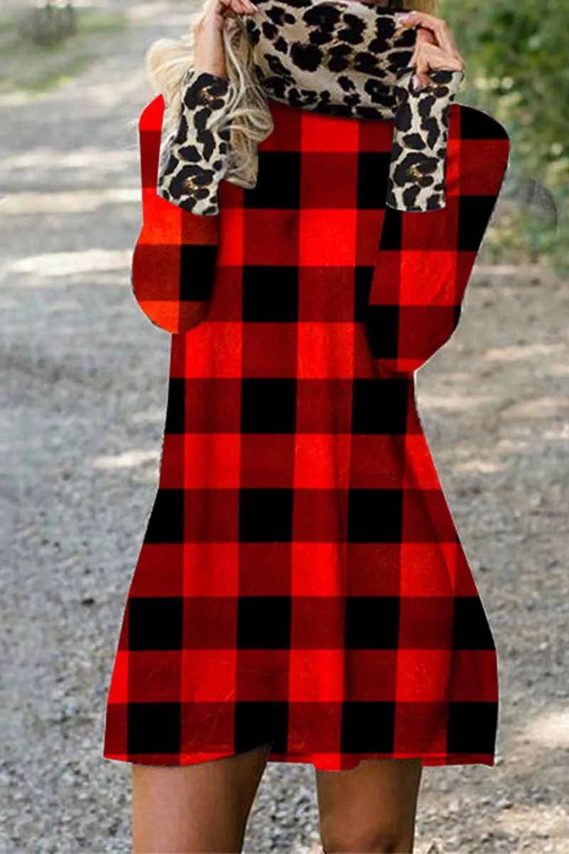 Plaid Leopard Stitching Mini Dresses