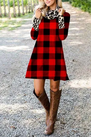 Plaid Leopard Stitching Mini Dresses
