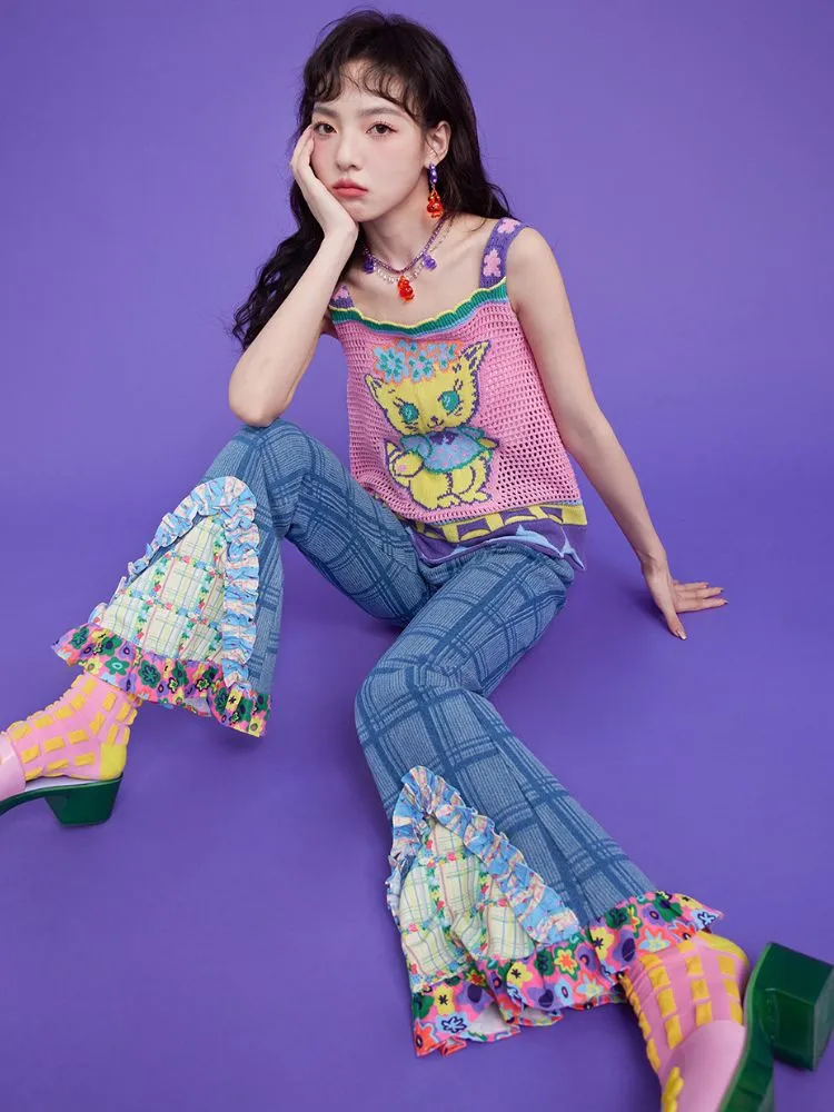 plaid patchwork bell bottoms denim