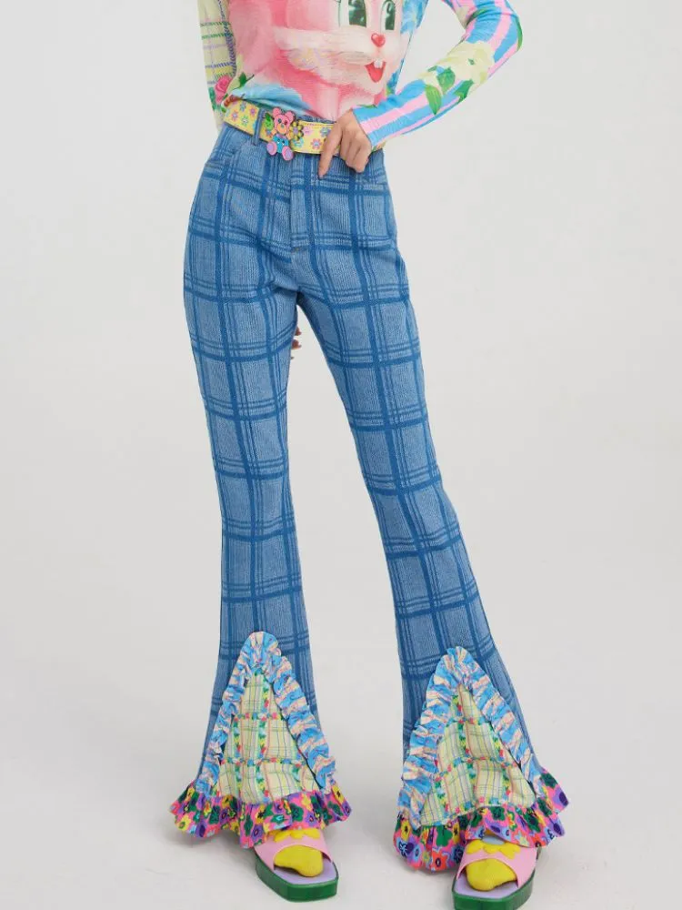 plaid patchwork bell bottoms denim