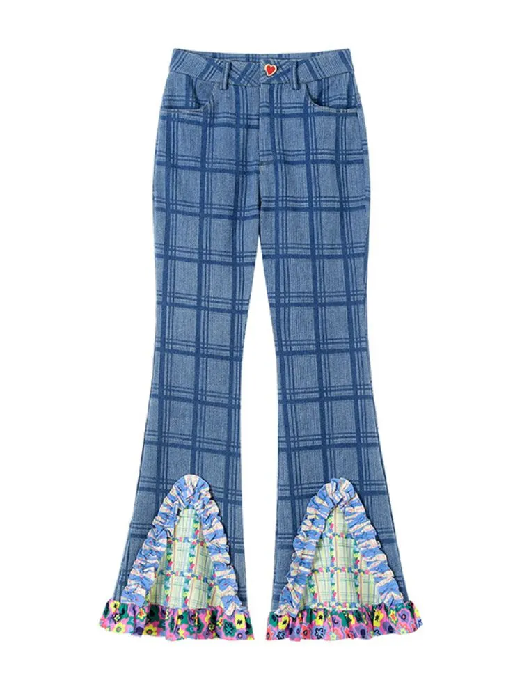 plaid patchwork bell bottoms denim