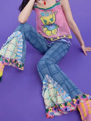 plaid patchwork bell bottoms denim