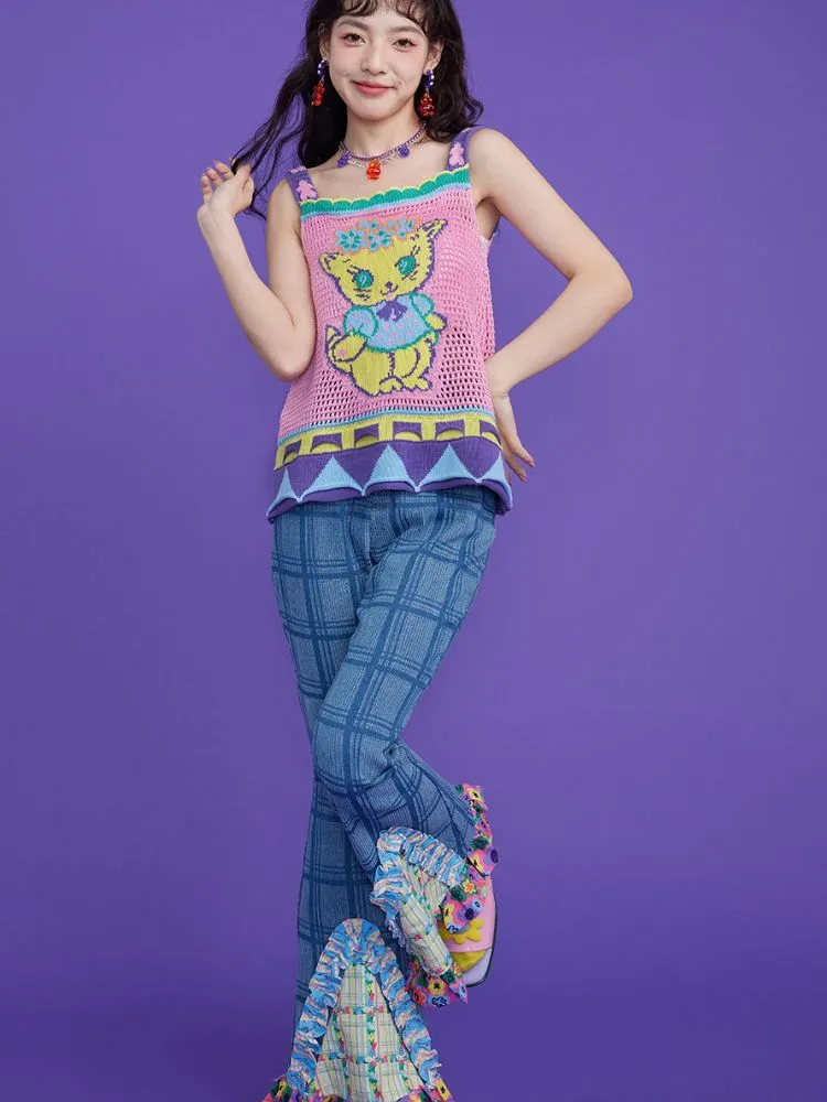 plaid patchwork bell bottoms denim