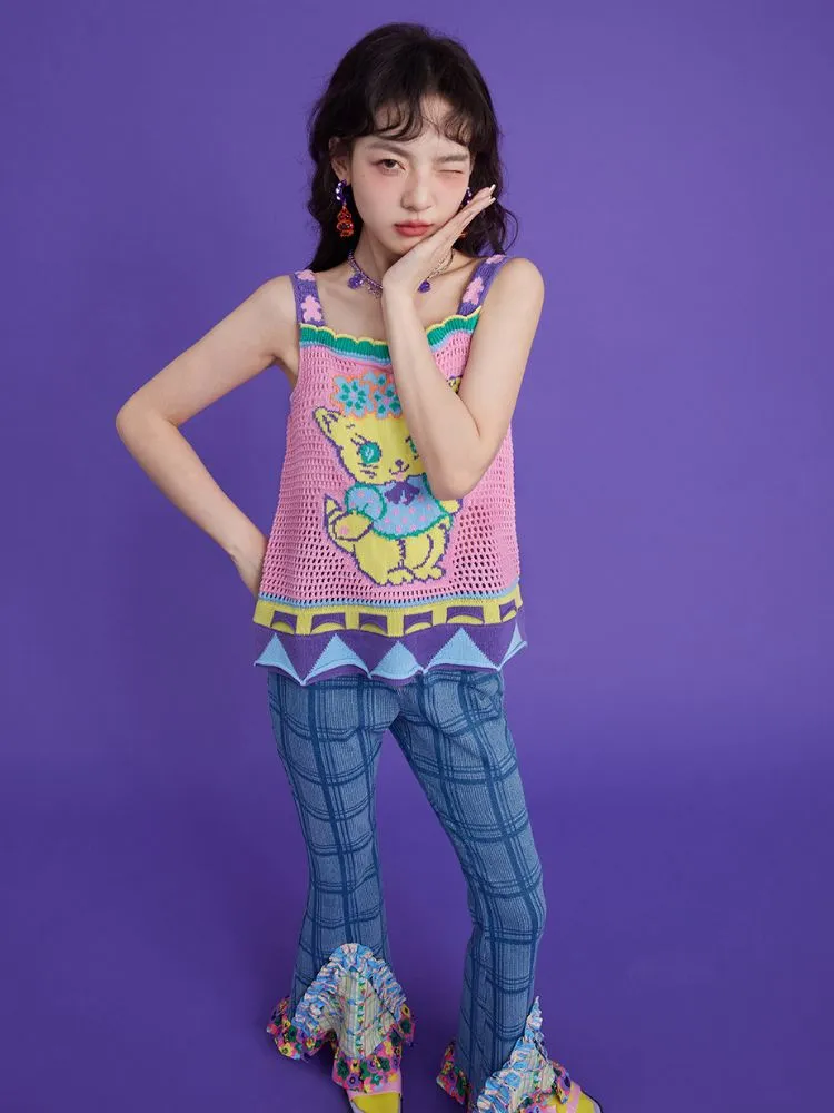plaid patchwork bell bottoms denim