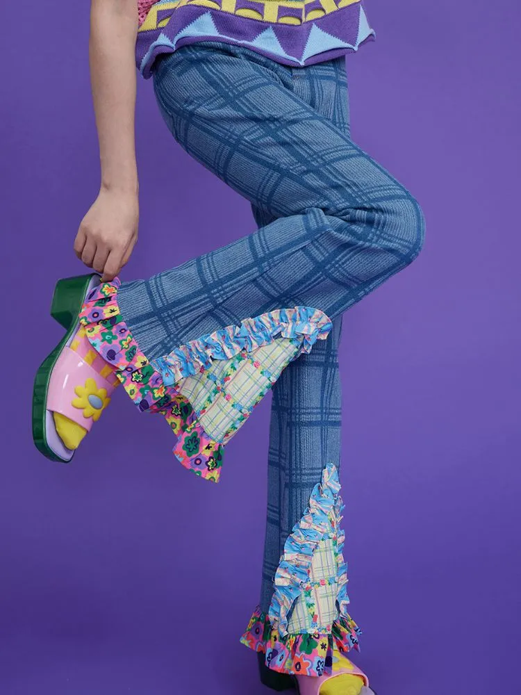 plaid patchwork bell bottoms denim