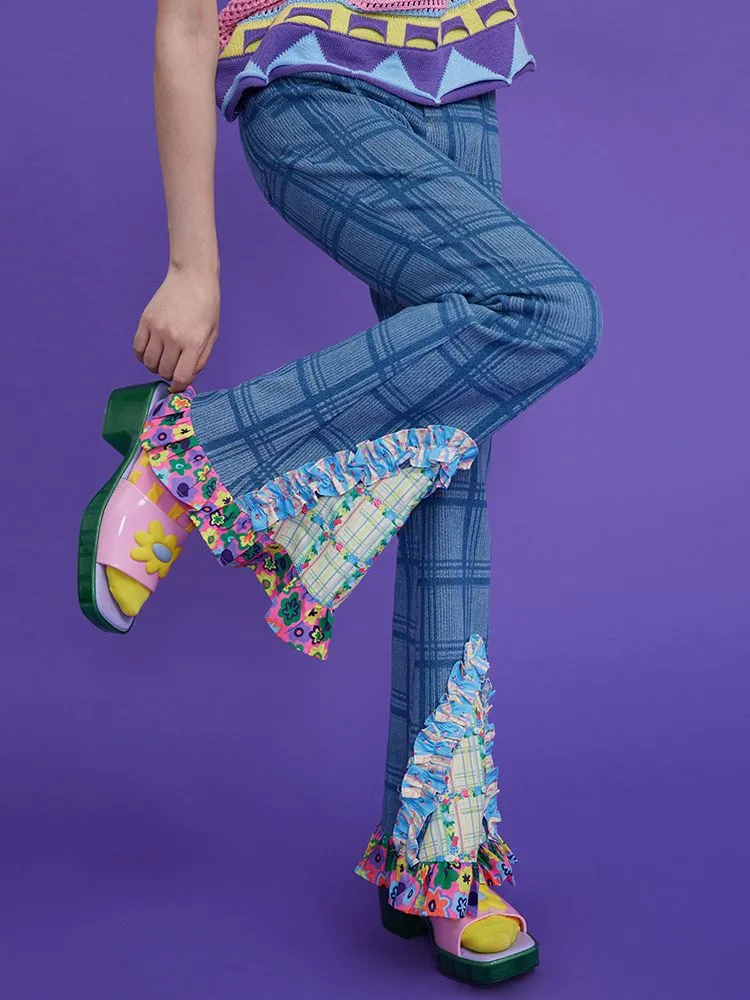 plaid patchwork bell bottoms denim