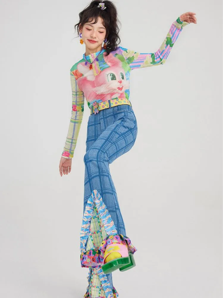 plaid patchwork bell bottoms denim