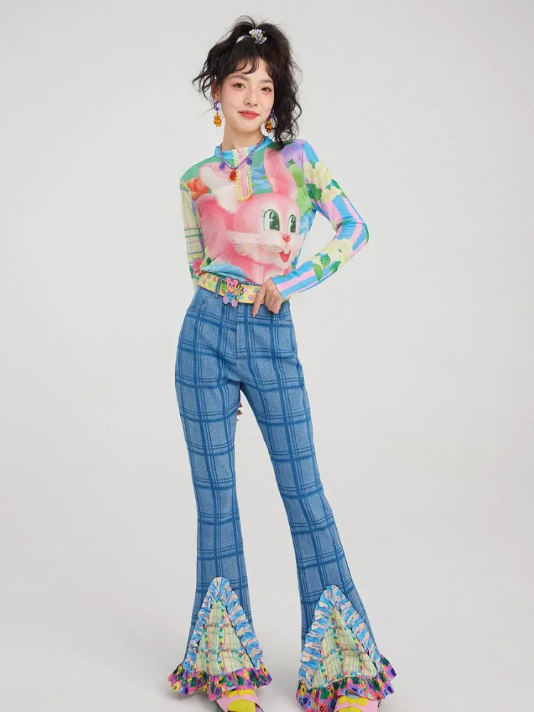 plaid patchwork bell bottoms denim