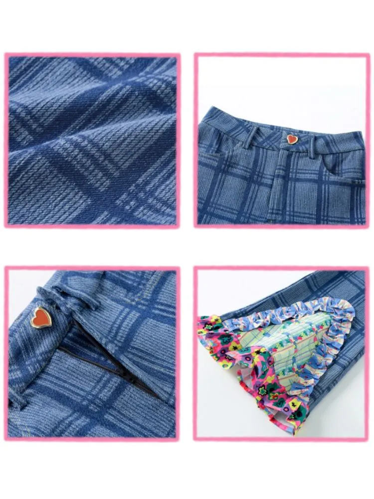 plaid patchwork bell bottoms denim