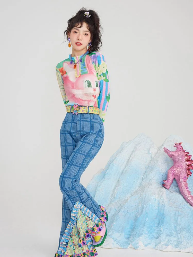 plaid patchwork bell bottoms denim