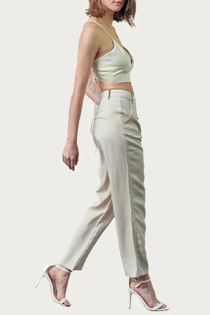 PLEATED HIGH-RISE LINEN-BLEND PANTS
