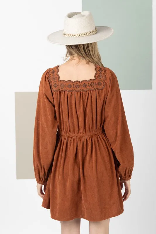 PLUS SIZE Embroidery Neck Corduroy Mini