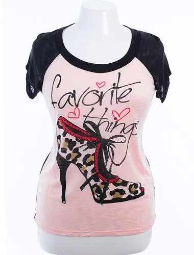 Plus Size Graphic Jeweled Shoe Pink Top