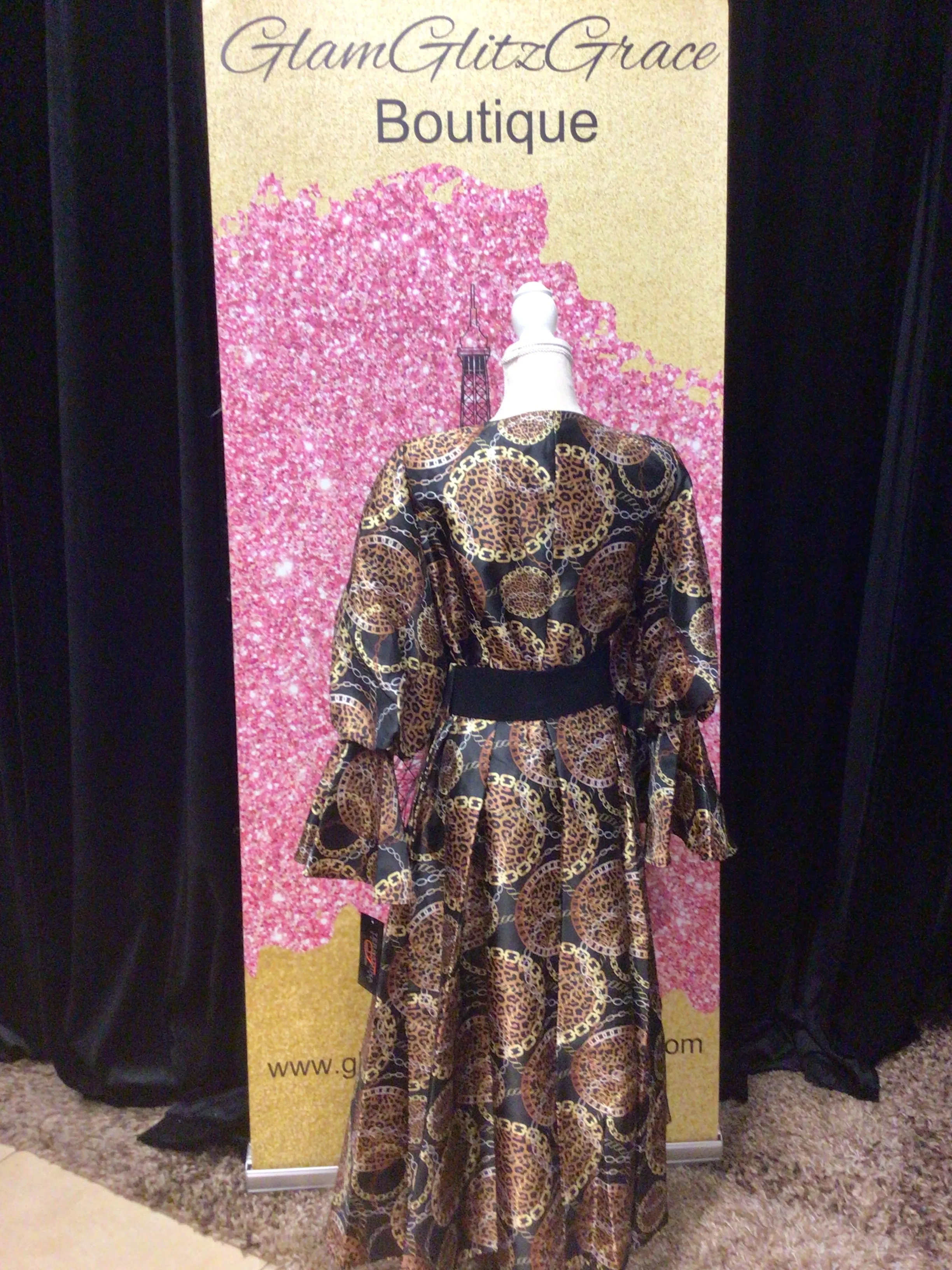 Plus Size Leopard Button Up Bell Sleeves Dress With Belt