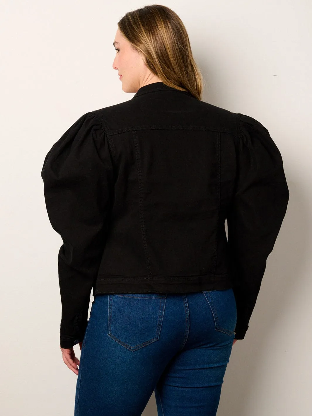 PLUS SIZE LONG PUFF SLEEVE BUTTON CLOSURE DENIM JACKET