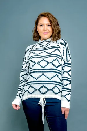 Plus Size Long Sleeve Aztec Stripe Print Mock Neck Sweater with Drawstring Waist in White & Black (31194)
