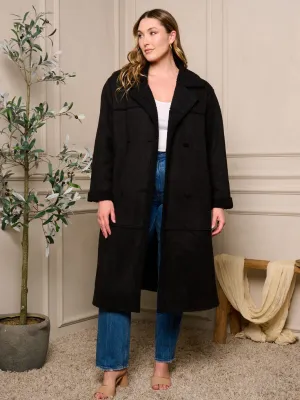 PLUS SIZE LONG SLEEVE BUTTON CLOSURE POCKETS SHERPA COAT