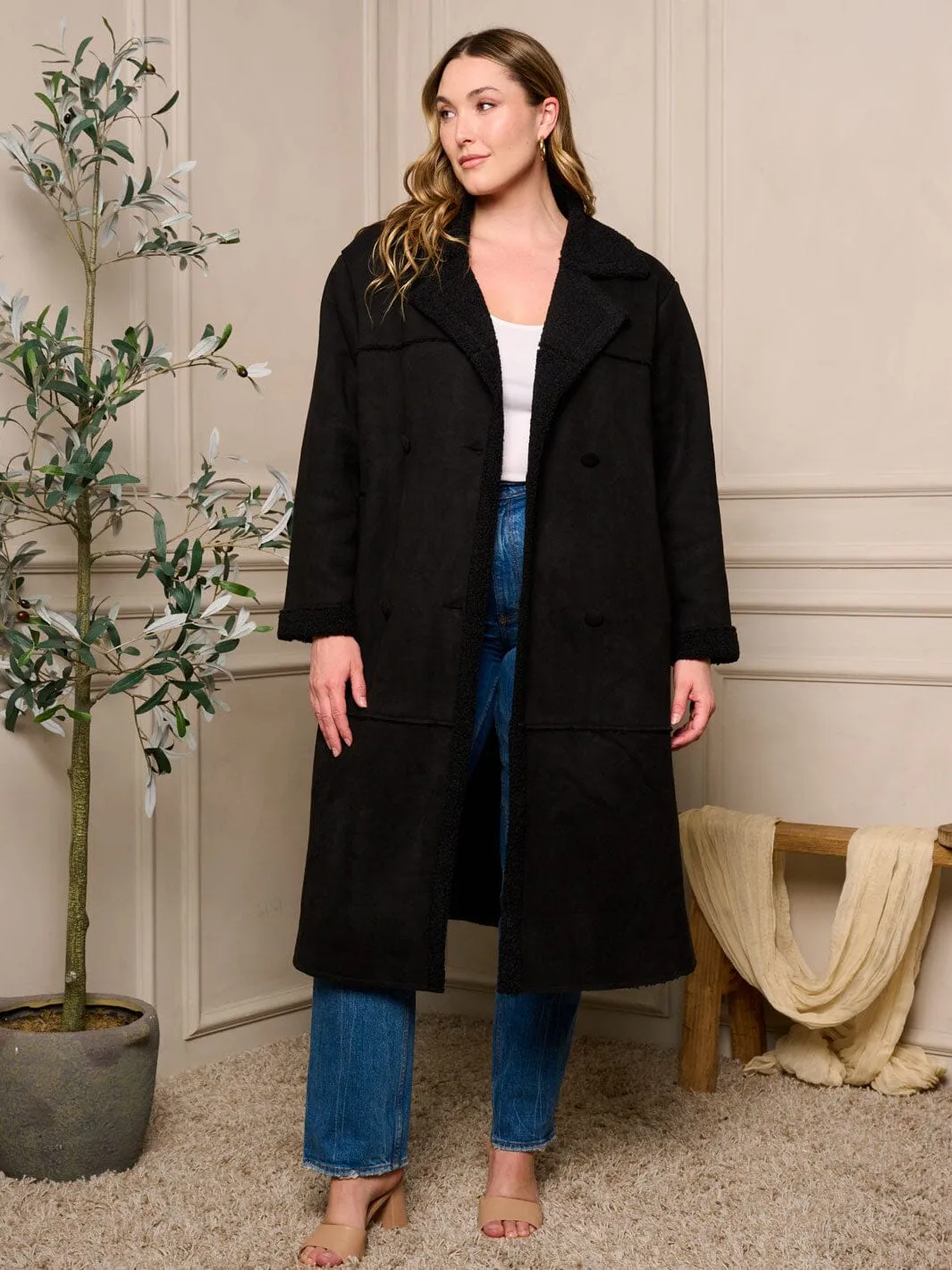 PLUS SIZE LONG SLEEVE BUTTON CLOSURE POCKETS SHERPA COAT