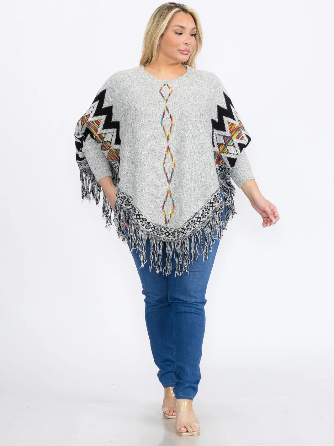 PLUS SIZE LONG SLEEVES PULLOVER COLORBLOCK PRINTED PONCHO