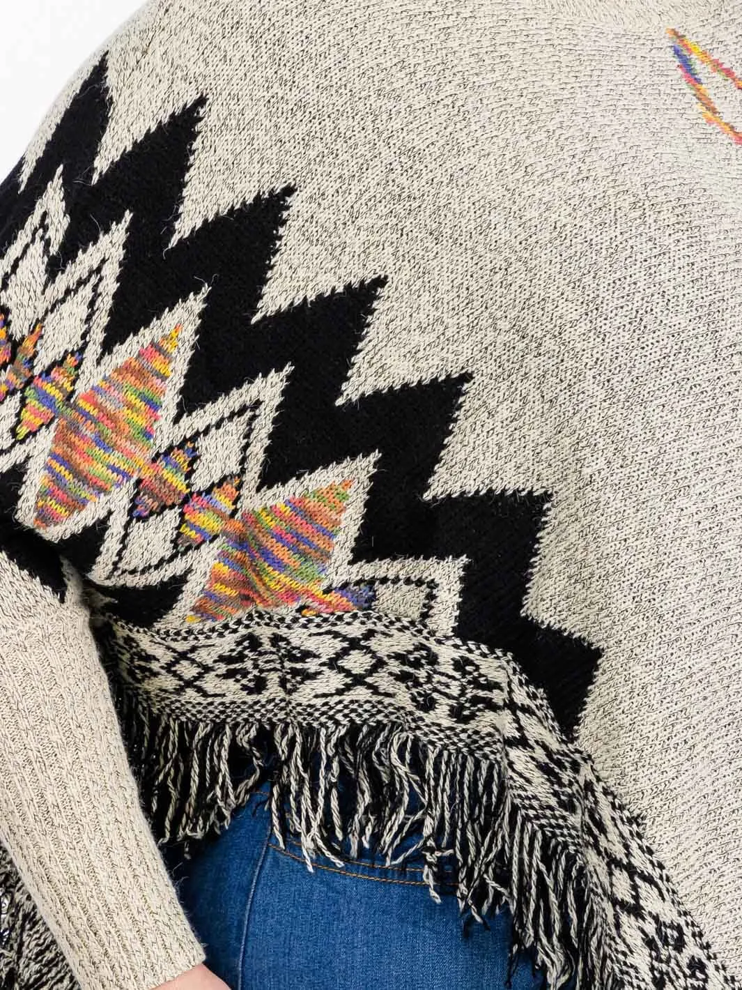 PLUS SIZE LONG SLEEVES PULLOVER COLORBLOCK PRINTED PONCHO