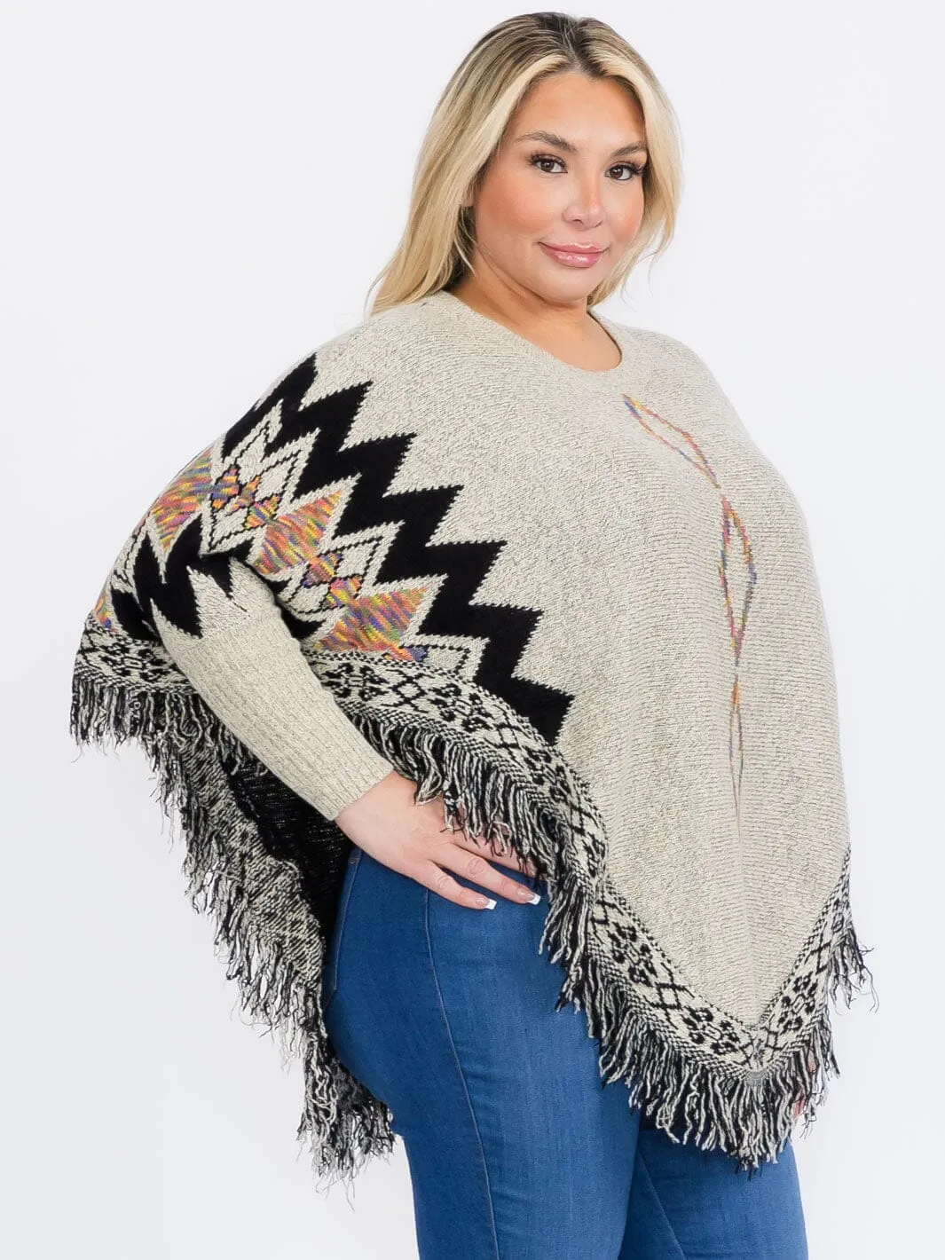 PLUS SIZE LONG SLEEVES PULLOVER COLORBLOCK PRINTED PONCHO