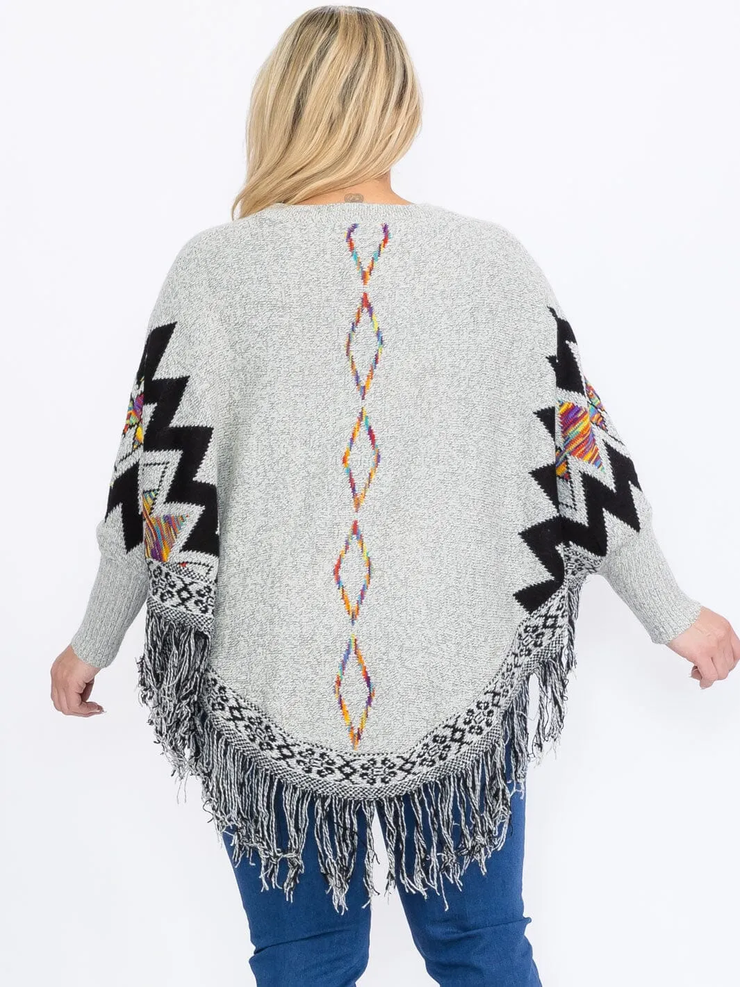 PLUS SIZE LONG SLEEVES PULLOVER COLORBLOCK PRINTED PONCHO