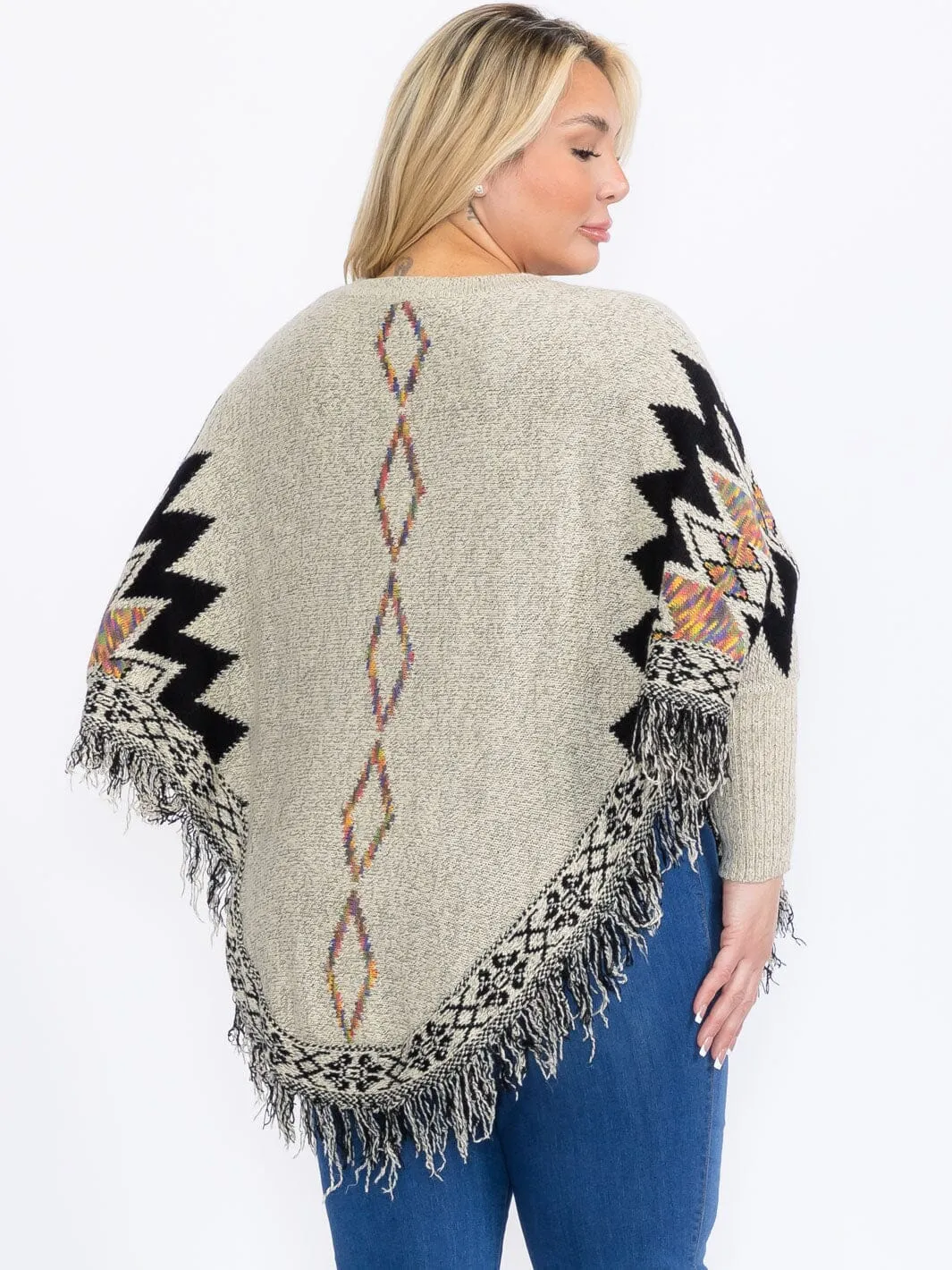 PLUS SIZE LONG SLEEVES PULLOVER COLORBLOCK PRINTED PONCHO