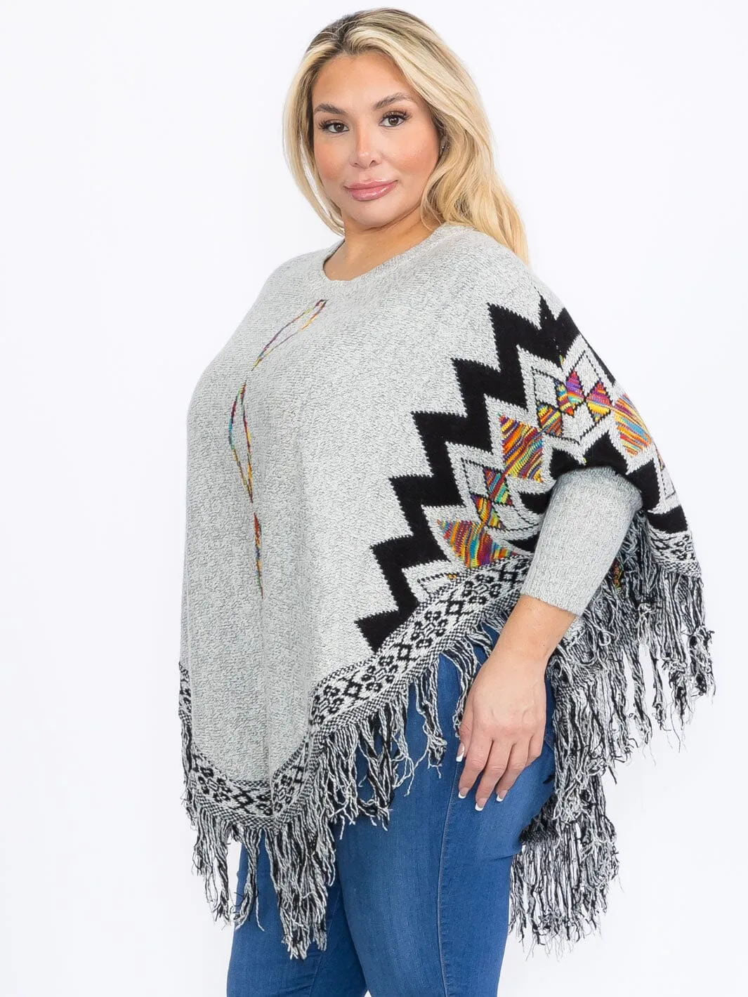 PLUS SIZE LONG SLEEVES PULLOVER COLORBLOCK PRINTED PONCHO