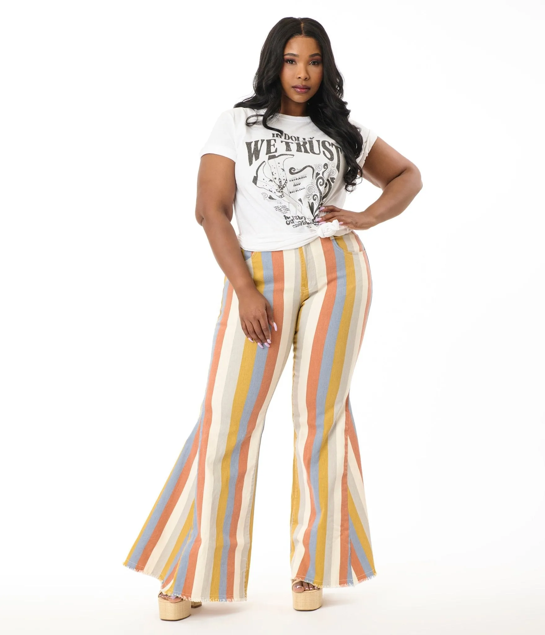 Plus Size Multicolor Striped Western Denim Bell Bottoms