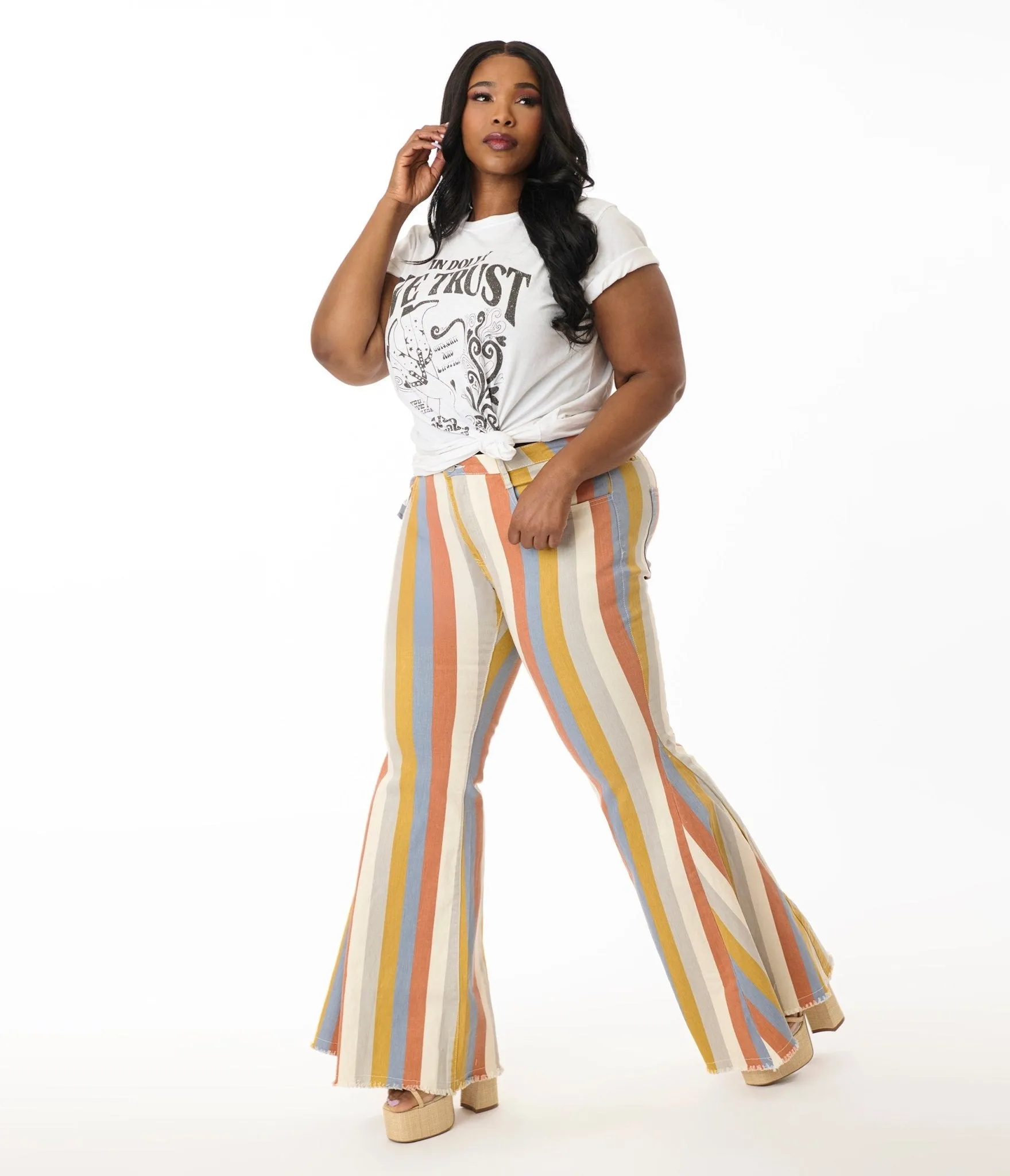 Plus Size Multicolor Striped Western Denim Bell Bottoms
