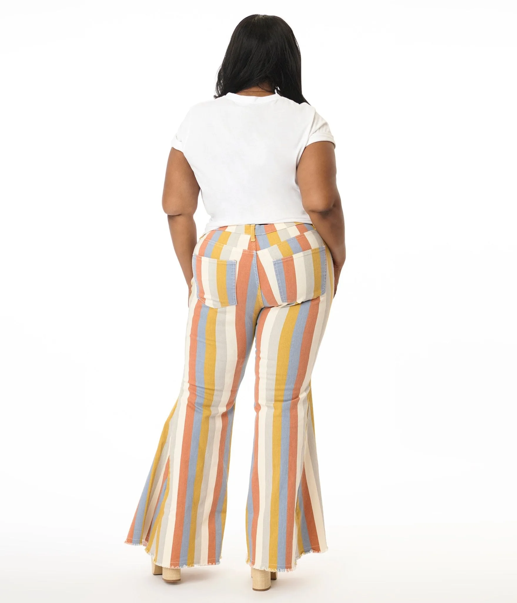 Plus Size Multicolor Striped Western Denim Bell Bottoms