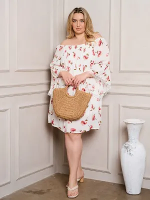 PLUS SIZE OFF SHOULDER BELL SLEEVE TUNIC FLORAL MINI DRESS