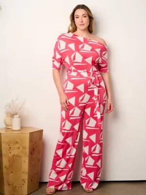 PLUS SIZE OFF SHOULDER SHORT SLEEVE SELF TIE MULTI PRINT WIDE LEG JUMPSUIT