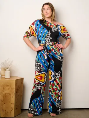 PLUS SIZE OFF SHOULDER SHORT SLEEVE SELF TIE MULTI PRINT WIDE LEG JUMPSUIT