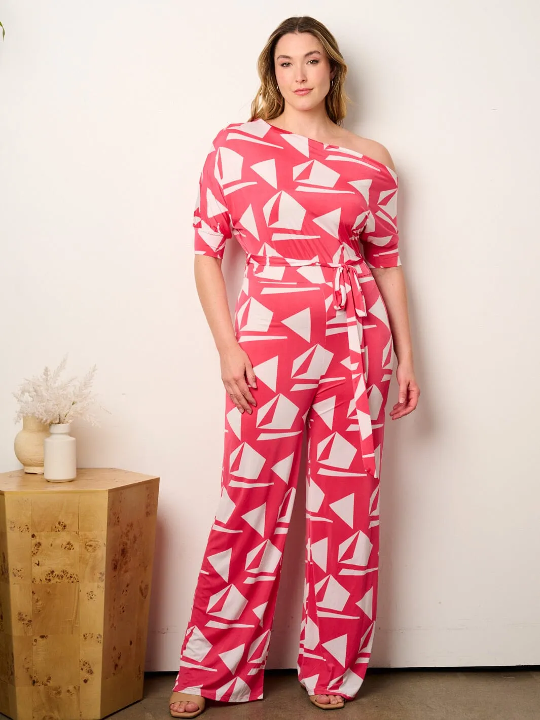 PLUS SIZE OFF SHOULDER SHORT SLEEVE SELF TIE MULTI PRINT WIDE LEG JUMPSUIT