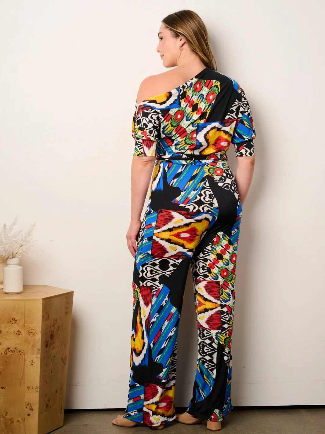 PLUS SIZE OFF SHOULDER SHORT SLEEVE SELF TIE MULTI PRINT WIDE LEG JUMPSUIT