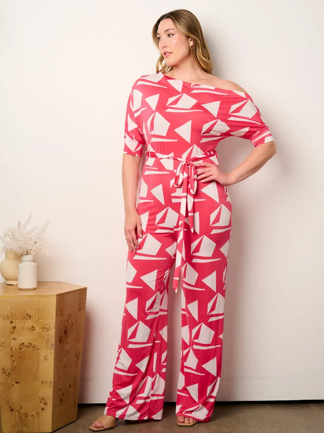 PLUS SIZE OFF SHOULDER SHORT SLEEVE SELF TIE MULTI PRINT WIDE LEG JUMPSUIT