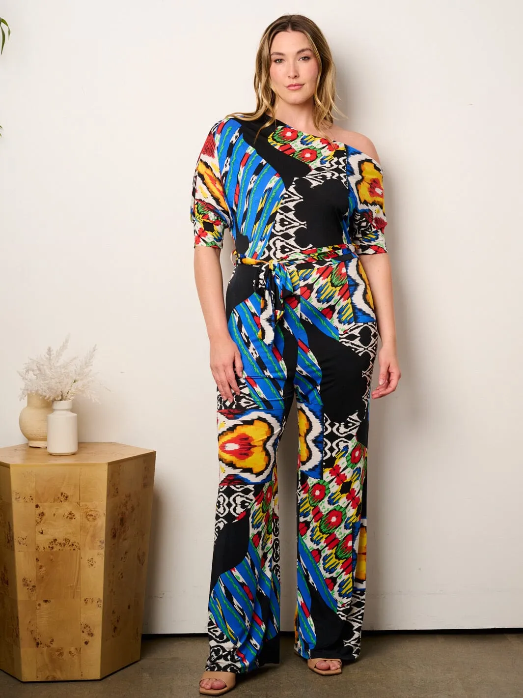 PLUS SIZE OFF SHOULDER SHORT SLEEVE SELF TIE MULTI PRINT WIDE LEG JUMPSUIT