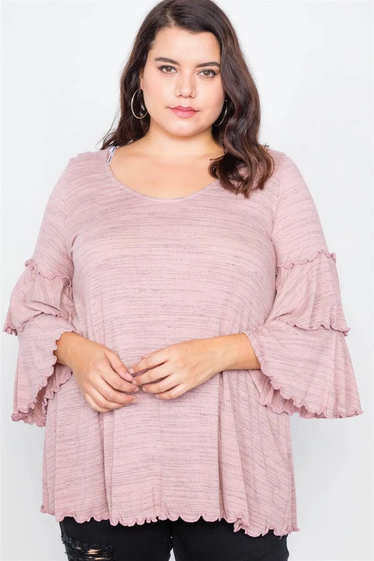 Plus Size Pink Tiered Ruffle Bell Sleeve Scoop Neck Top /2-2
